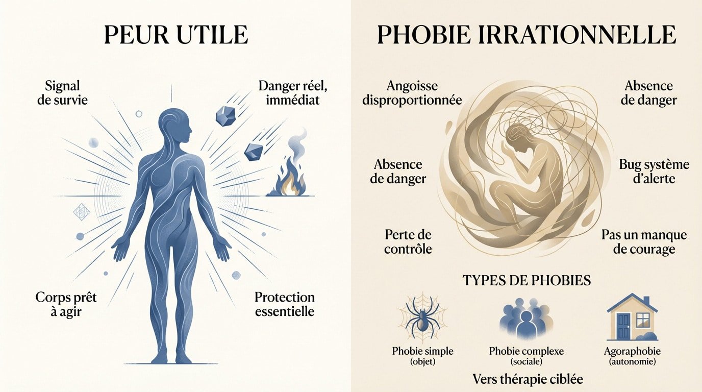 Illustration montrant la différence entre une peur protectrice et une phobie paralysante