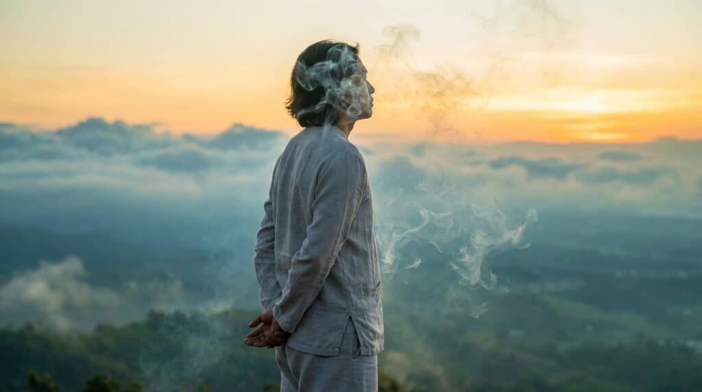 Homme face à l'horizon au lever du soleil, vêtu de lin, exhalant de la fumée. Paysage nuageux en arrière-plan. Symbolise l'arrêt du tabac. Fumée dissipée : Sevrage définitif vers la liberté