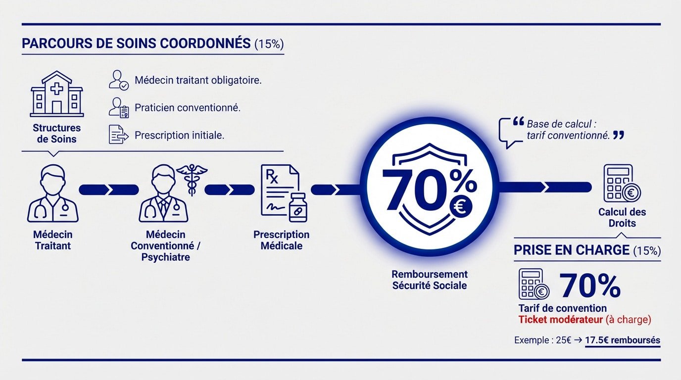 Schéma explicatif du parcours de soins coordonnés pour le remboursement de l'hypnose