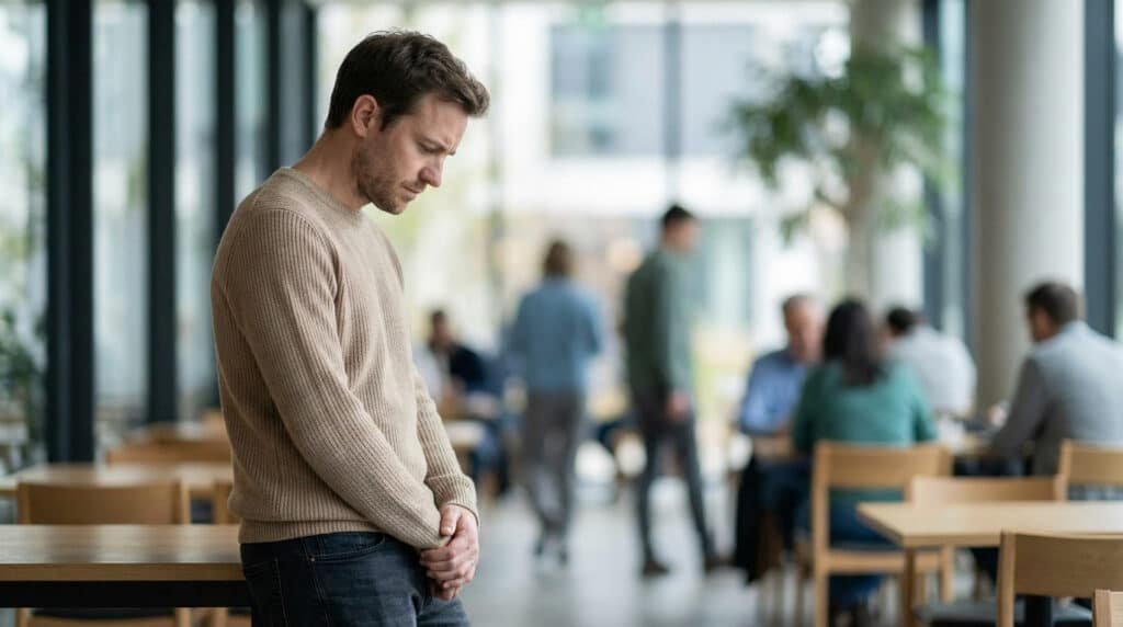 Homme l'air anxieux, tête baissée, les mains jointes, dans un espace public animé avec des personnes floues en arrière-plan. Comprendre la scopophobie : la peur du regard des autres