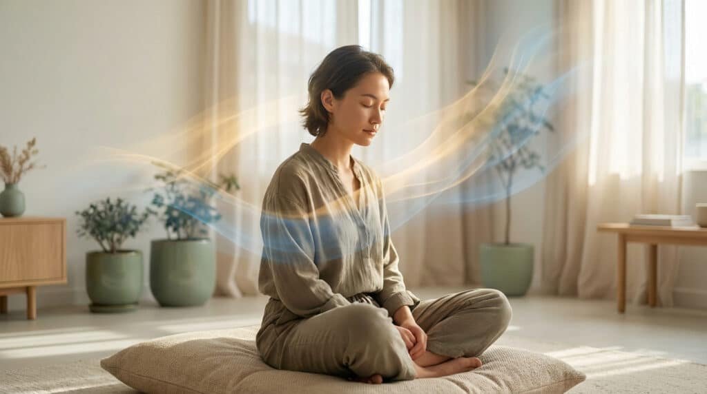 Réussir à maigrir par l'hypnose Femme méditant calmement les yeux fermés dans un salon lumineux. Des ondes abstraites la traversent, symbolisant la concentration et la transformation.