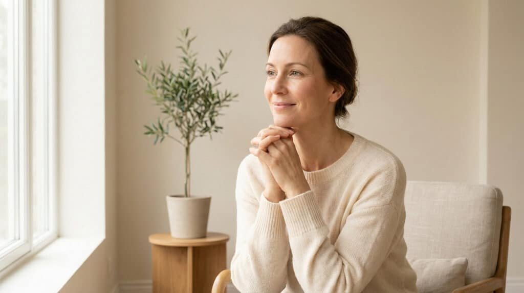 Hypnose : faut-il avoir peur de la transe ?Femme aux cheveux bruns, vêtue d'un pull clair, assise près d'une fenêtre avec les mains jointes, regardant au loin avec un sourire serein. Une plante en pot est à ses côtés.