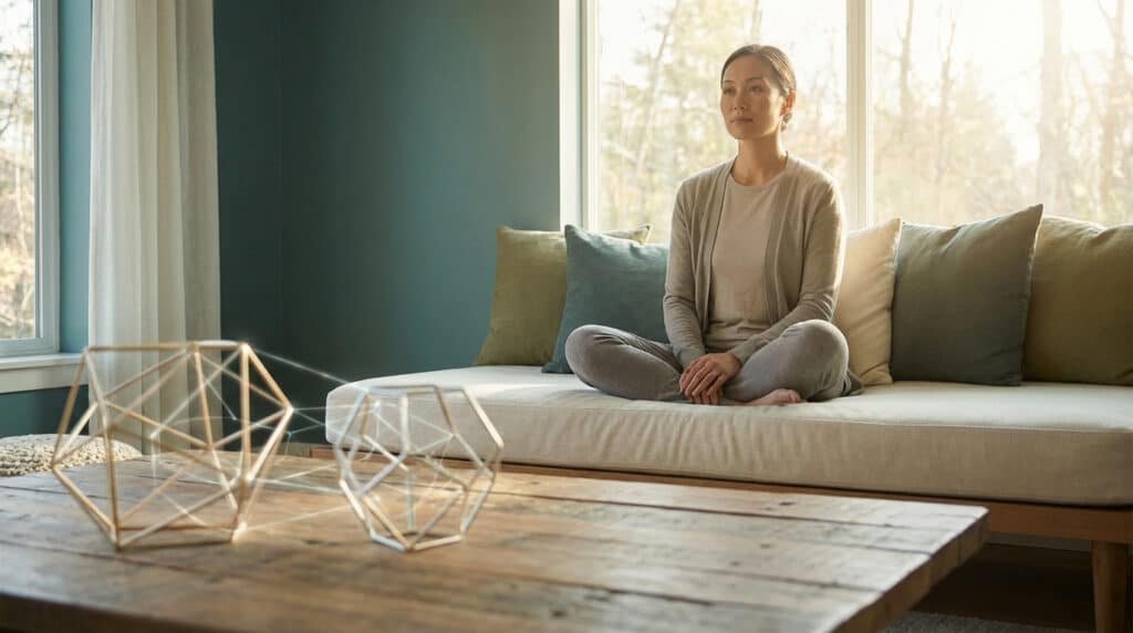 Femme sereine méditant en position du lotus sur un canapé. Lumière naturelle. Objets géométriques symbolisant la connexion.