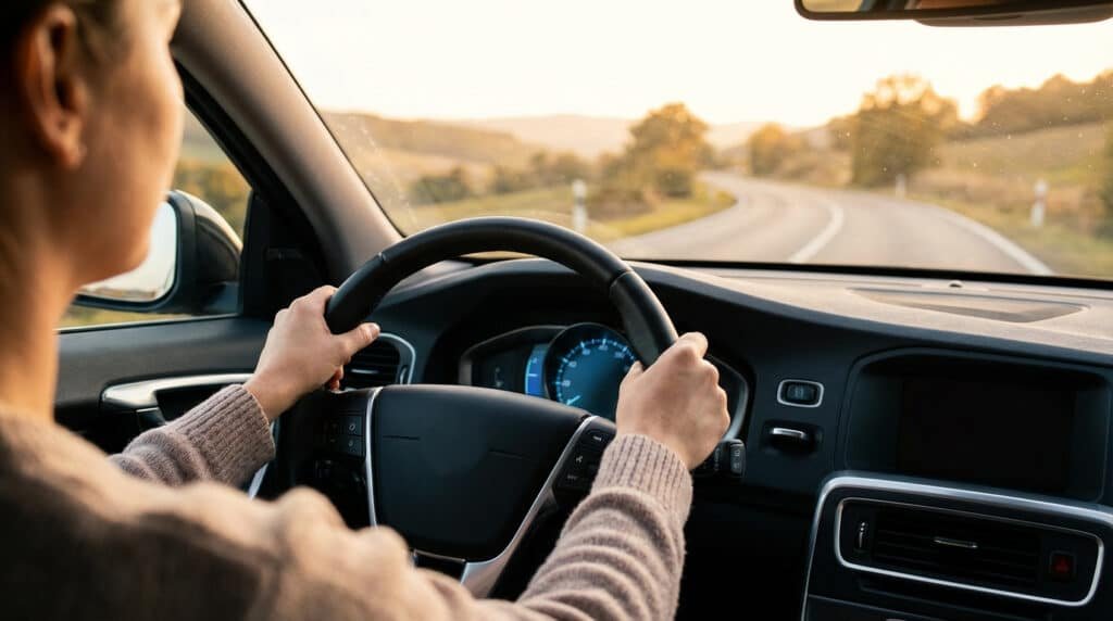 Amaxophobie : comment vaincre la peur de conduireVue de l'intérieur d'une voiture : une personne tient le volant, les mains fermes, sur une route sinueuse au coucher du soleil.