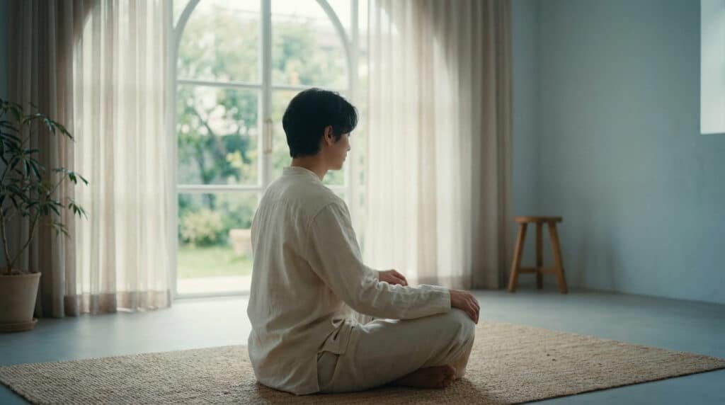 Personne assise en posture de méditation, illustration de la sérénité liée à l’eïnothérapie