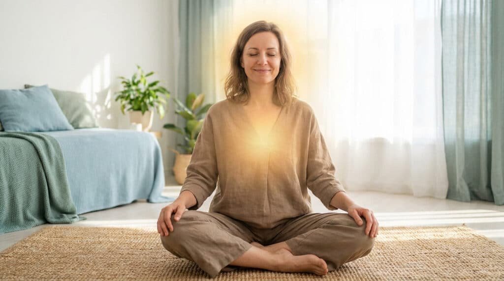 Hypnose confiance en soi : femme détendue les yeux fermés en position de méditation