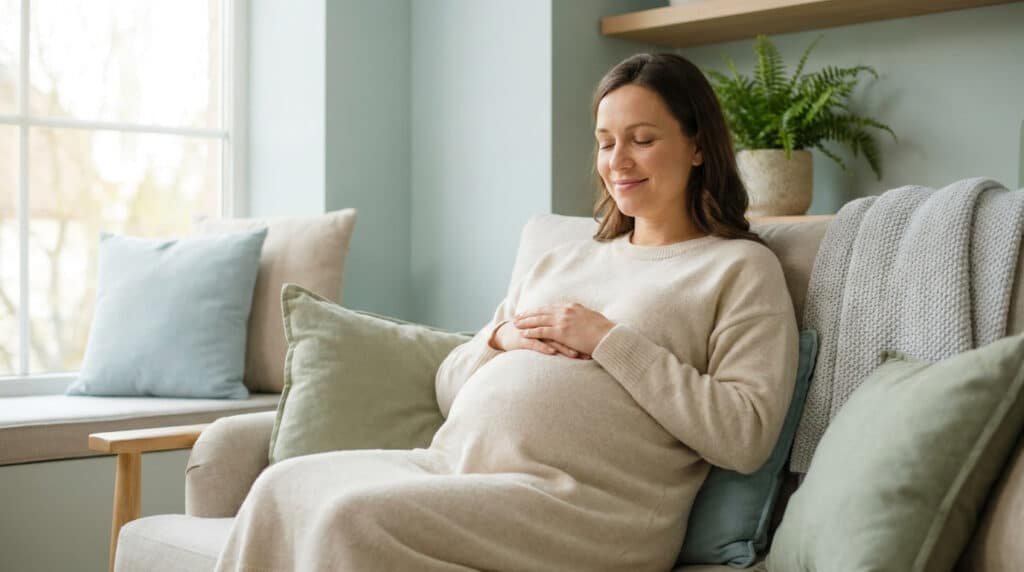 Femme enceinte sereine pratiquant l'hypnose grossesse assise sur un canapé