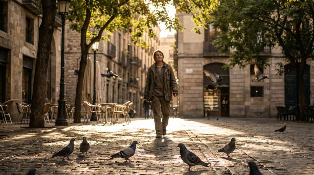 Personne marchant sereinement dans un parc ensoleillé avec des pigeons en arrière-plan illustrant la phobie pigeons