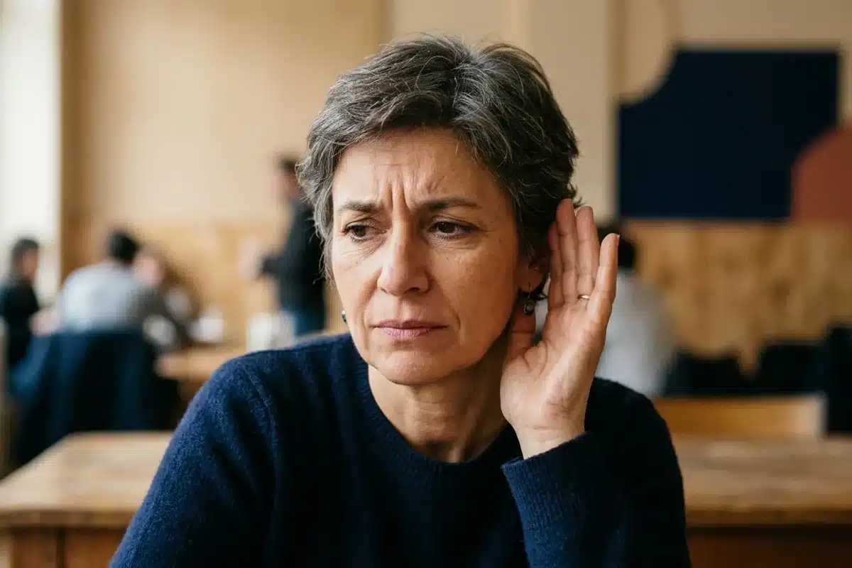 Gêne provoquée par un acouphène Personne portant la main près de son oreille, gênée par un bourdonnement d'acouphène