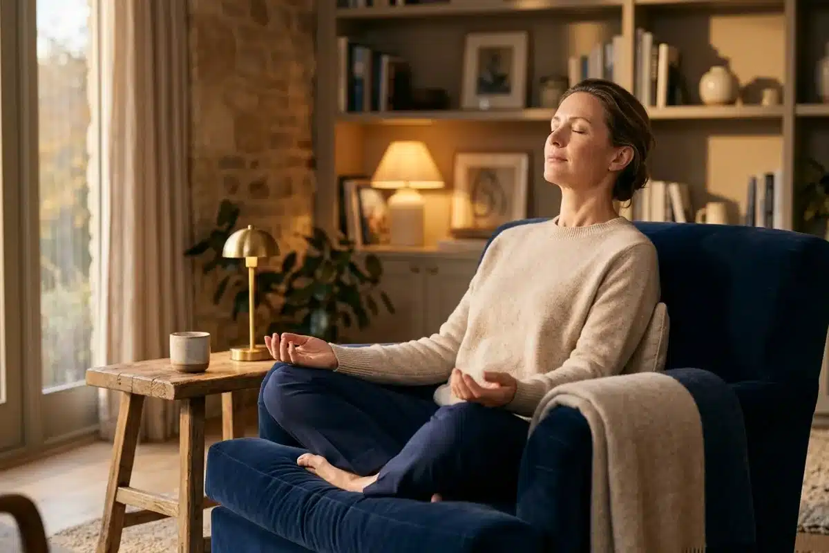 Pratique d'auto-hypnose pour apaiser les acouphènes Femme assise les yeux fermés pratiquant l'auto-hypnose chez elle pour apaiser ses acouphènes