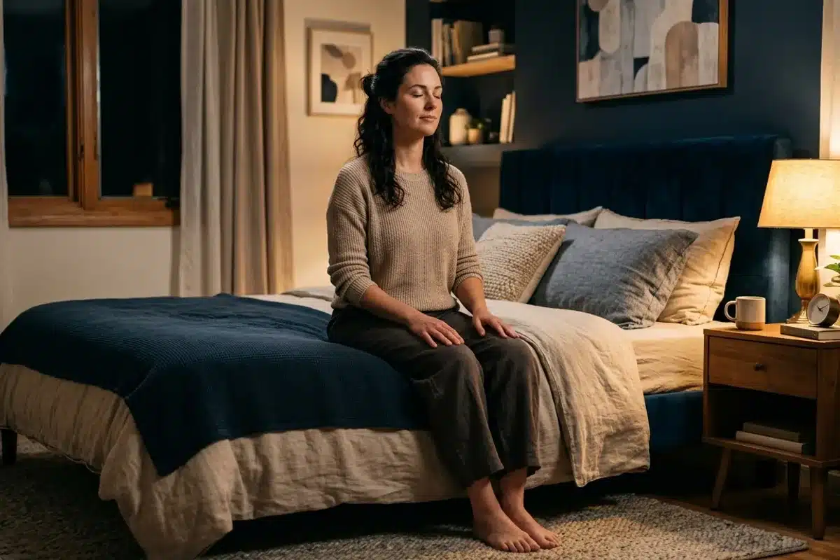 Pratique d'auto-hypnose au moment du coucher Femme pratiquant l'auto-hypnose assise sur son lit le soir pour préparer le sommeil