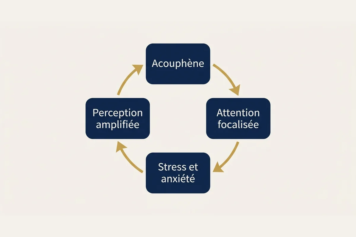 Boucle attention-émotion de l'acouphène Schéma du cercle vicieux entre acouphène, attention focalisée, stress et perception amplifiée