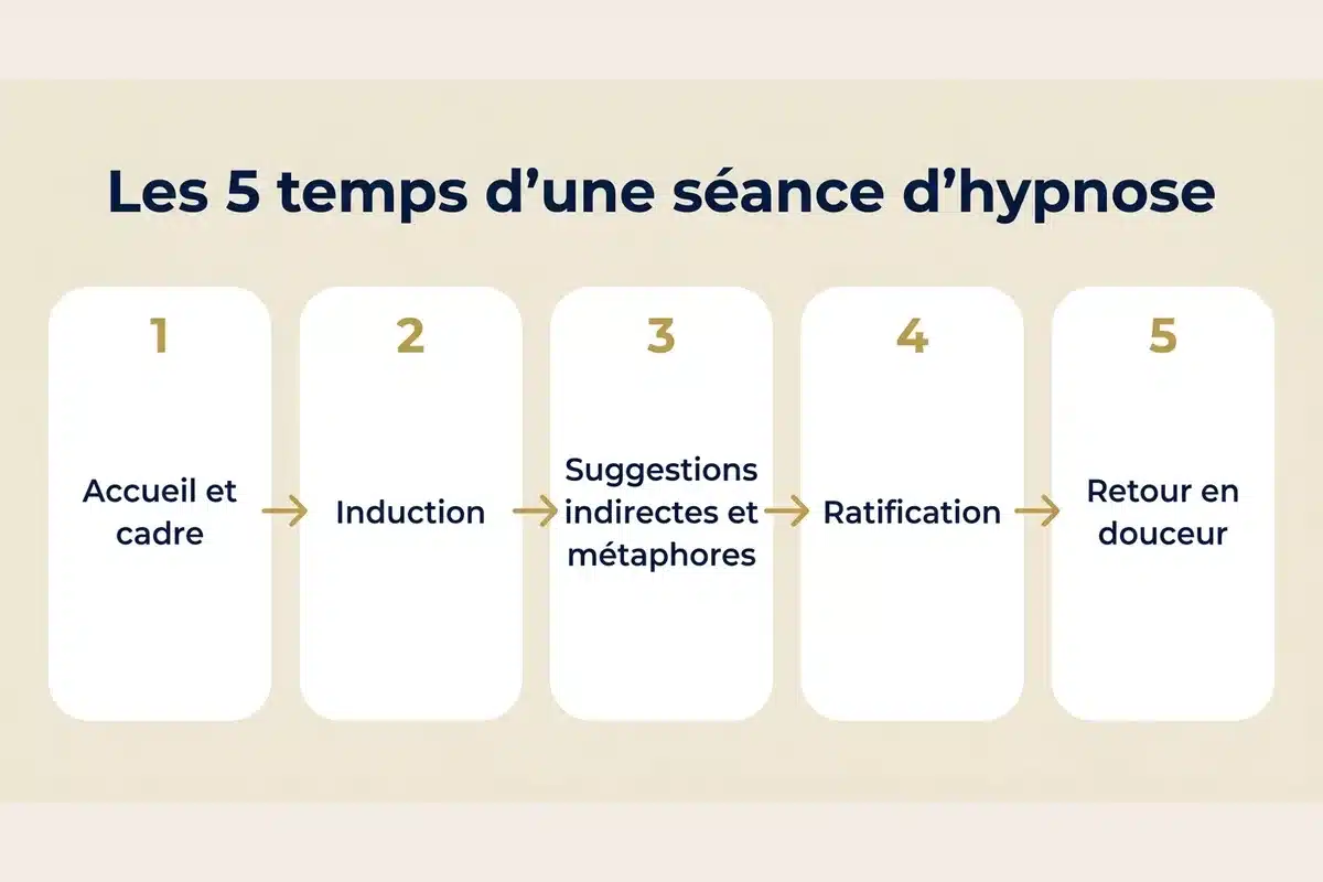 Les cinq temps d'une séance d'hypnose éricksonienne Schéma titré des cinq temps d'une séance d'hypnose : accueil, induction, suggestions, ratification, retour