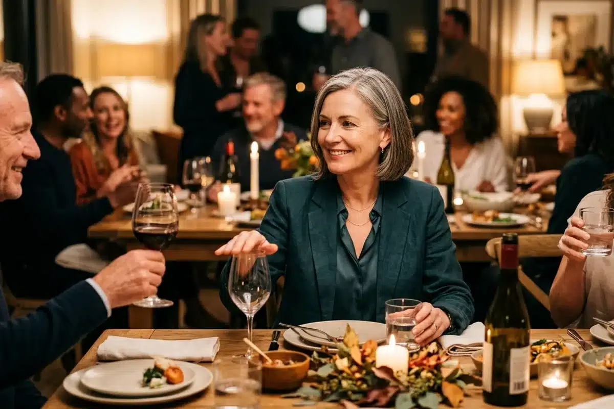 Femme sereine qui décline un verre d'alcool Femme qui décline calmement un verre de vin lors d'un diner, illustrant le résultat d'un accompagnement en hypnose pour l'alcool