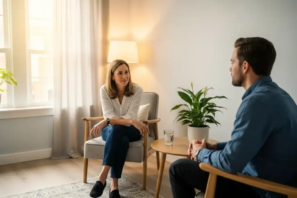 Thérapeute et patiente en séance d'hypnose conversationnelle dans un cabinet lumineux et chaleureux