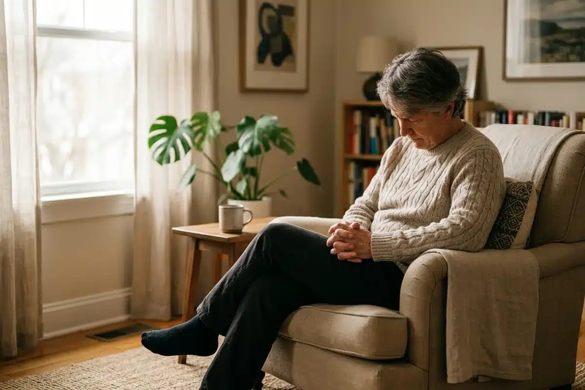 Détente et réceptivité en séance d'hypnose Personne détendue et pensive dans un fauteuil confortable, illustrant la réceptivité induite par l'hypnose conversationnelle