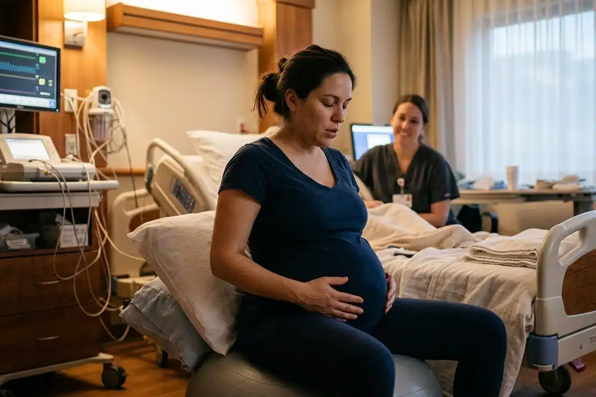 Gestion de la douleur lors de l'accouchement par l'hypnose Femme enceinte respirant calmement, expression sereine pendant le travail, utilisant des techniques d'hypnose