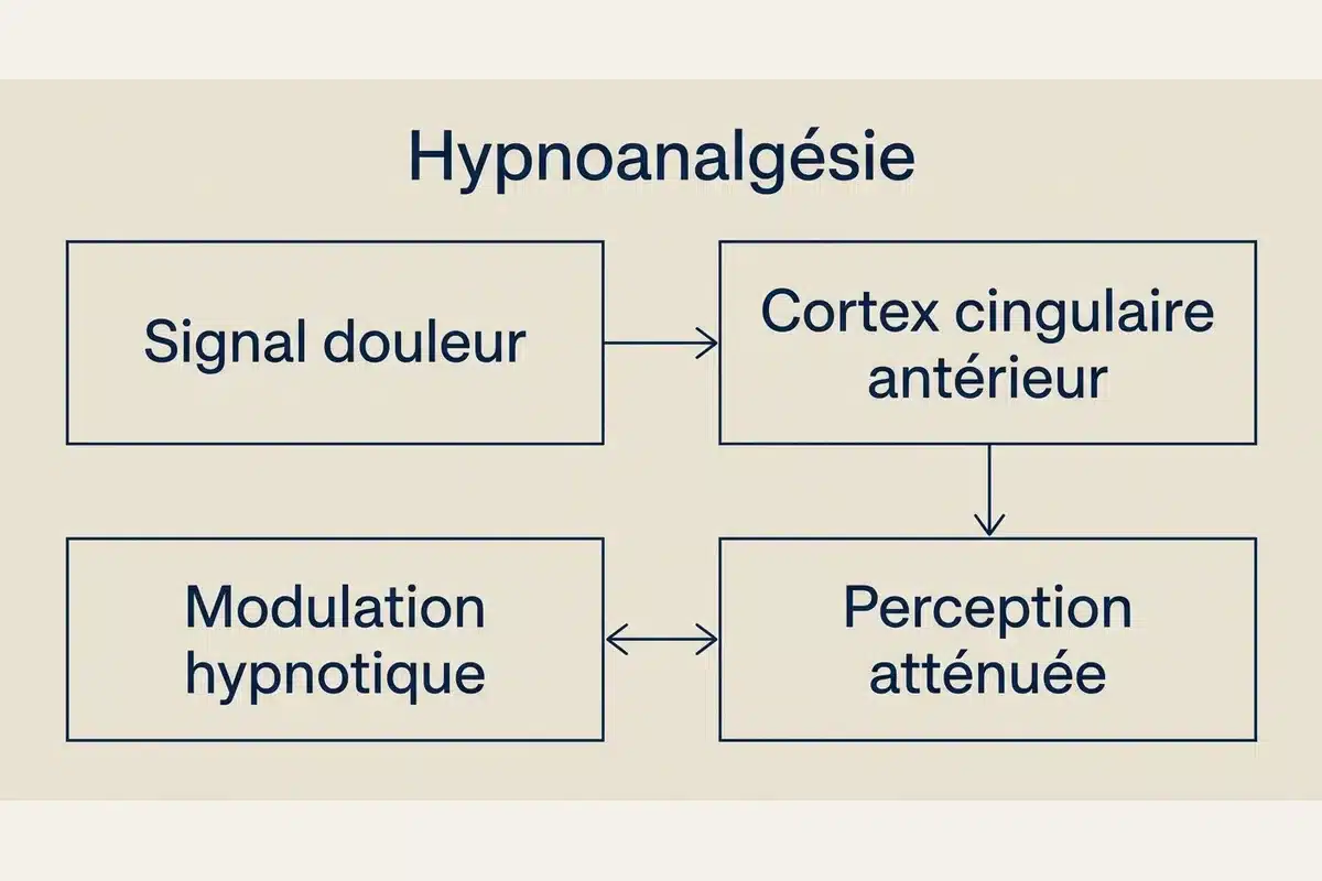 Mécanisme neurologique de l'hypnoanalgésie Schéma du mécanisme neurologique de l'hypnose pour moduler la douleur de la migraine