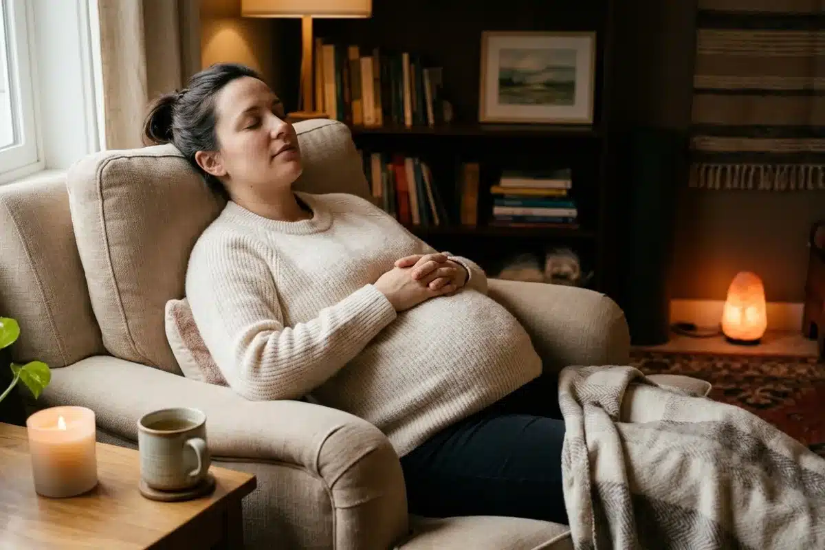 Séance HypnoNatal en cabinet thérapeutique Femme enceinte en état de relaxation lors d'une séance HypnoNatal en cabinet