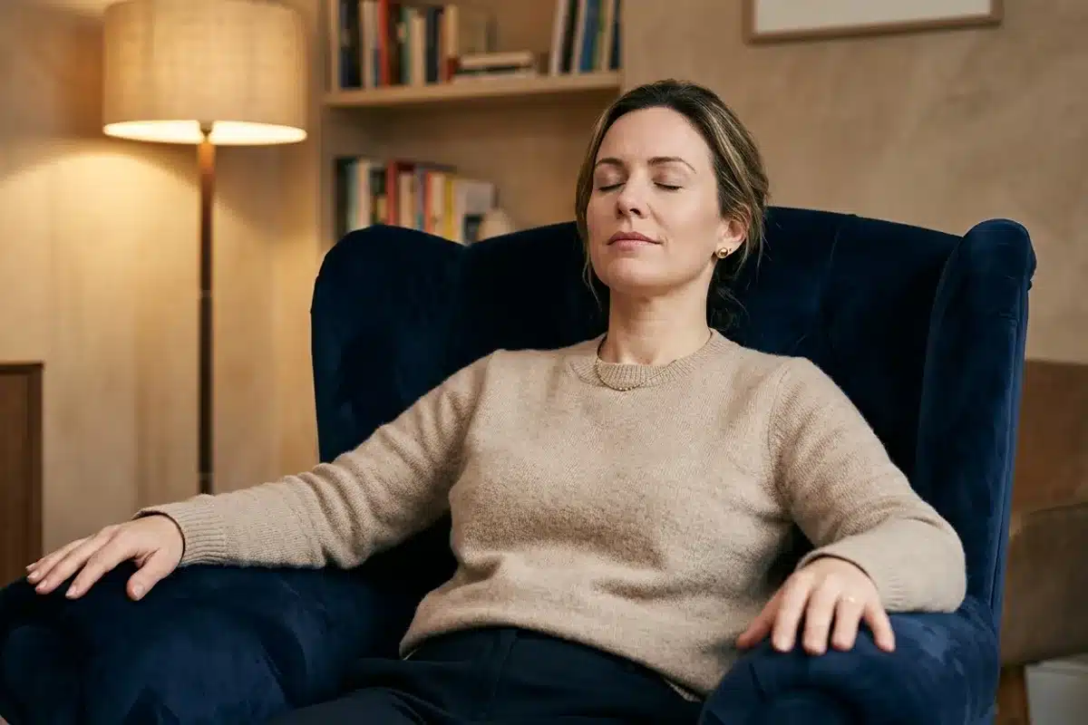 Séance d’hypnose pour l’arrêt du tabac Femme détendue les yeux fermés dans un fauteuil lors d’une séance d’hypnose