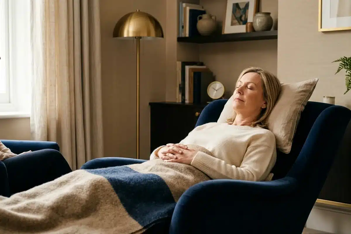 Séance d'hypnose pour soulager la fibromyalgie Femme détendue lors d'une séance d'hypnose contre la fibromyalgie
