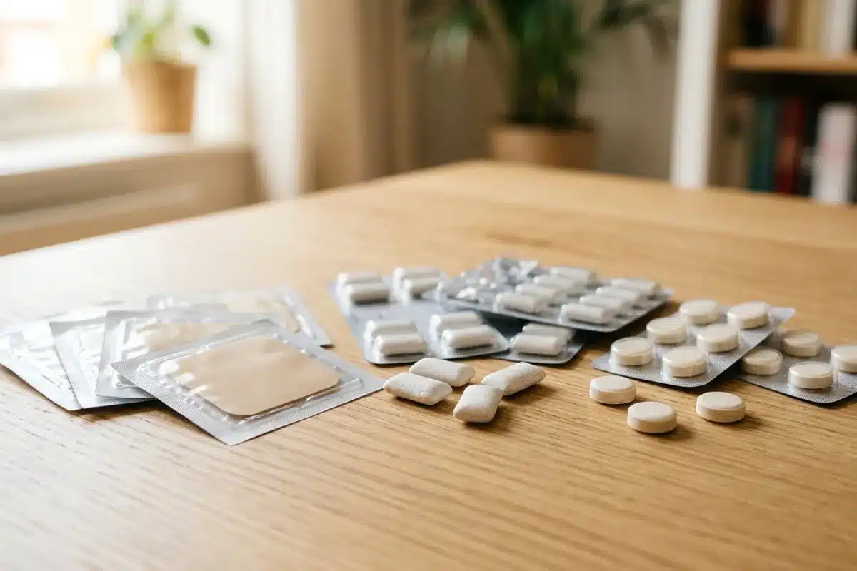 Substituts nicotiniques : patchs, gommes et pastilles Patchs, gommes et pastilles de nicotine disposés sur une table en bois