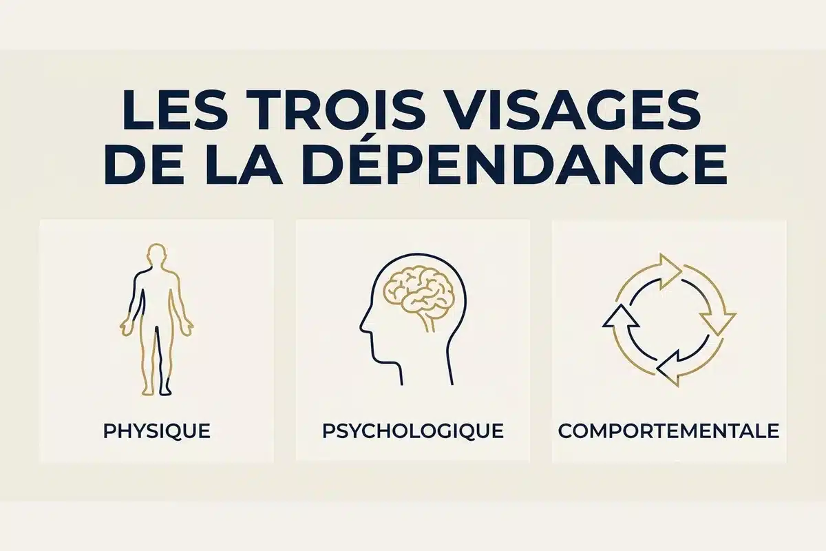 Les trois visages de la dépendance Schéma des trois formes de dépendance : physique, psychologique et comportementale, avec icônes