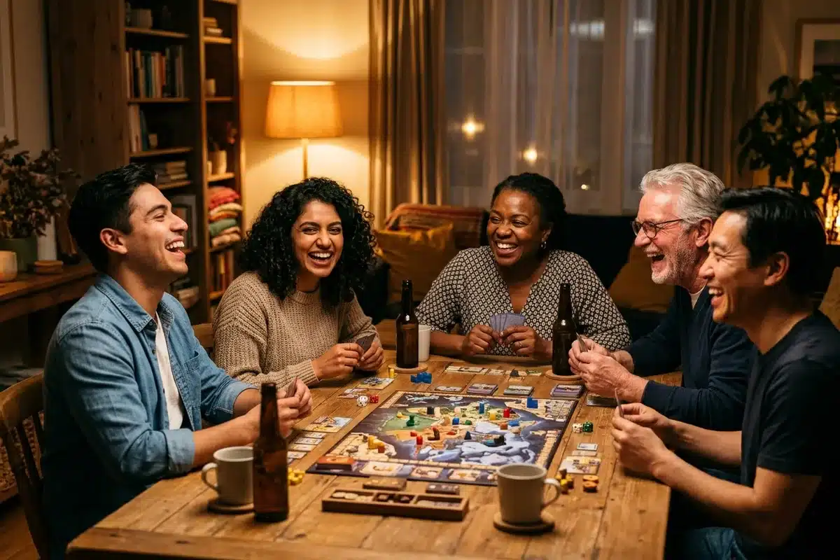 Se reconnecter aux autres loin des écrans Groupe d'amis de tous âges qui rient en jouant à un jeu de société le soir, sans écran