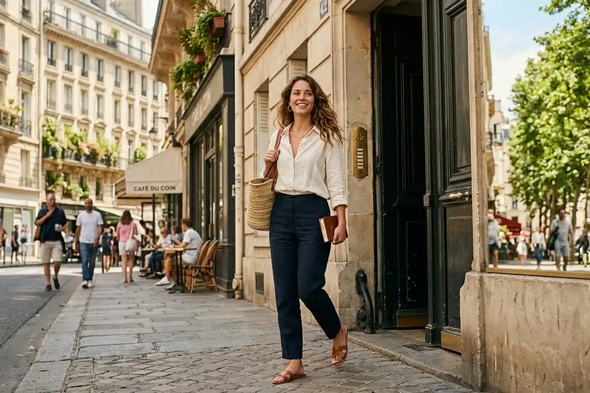 Femme retrouvant la liberté de sortir après hypnose Femme qui sort librement dans la rue, symbole de la liberté retrouvée après un accompagnement pour l'agoraphobie