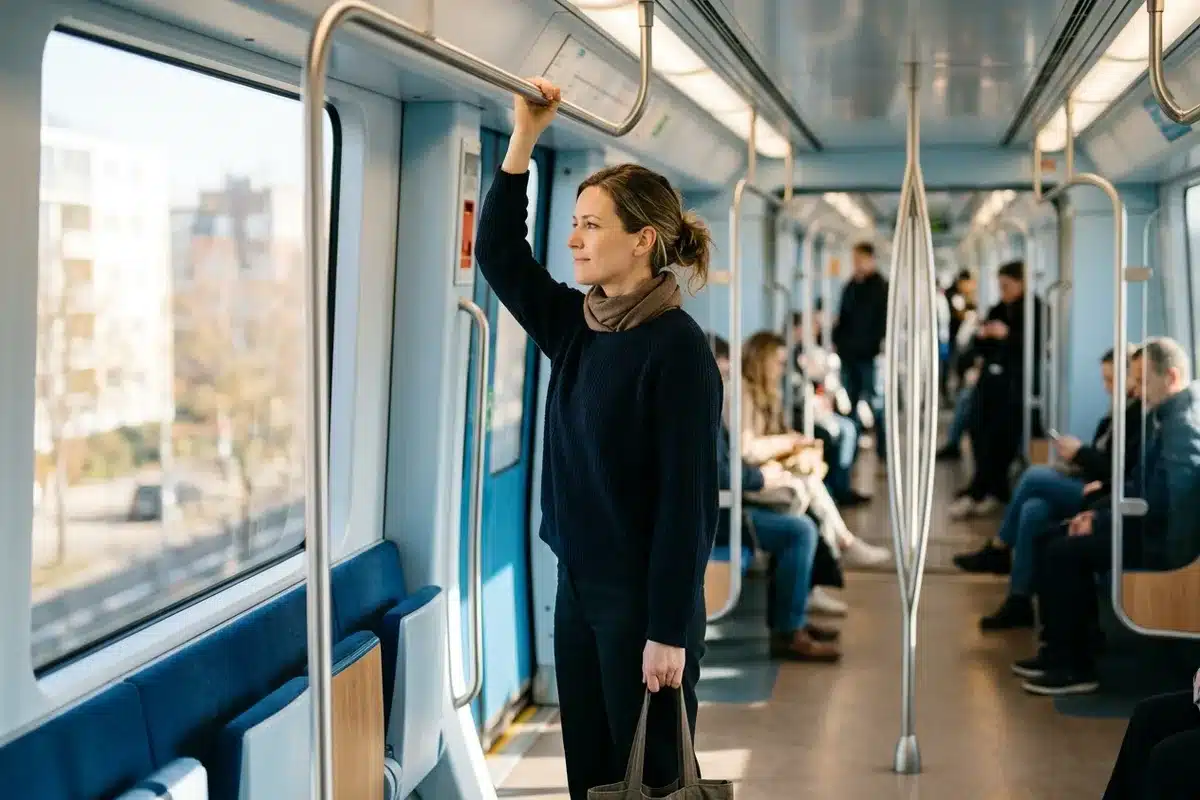 Se déplacer sereinement dans les transports Femme debout et sereine dans une rame de métro, tenant la barre, passagers en arrière-plan