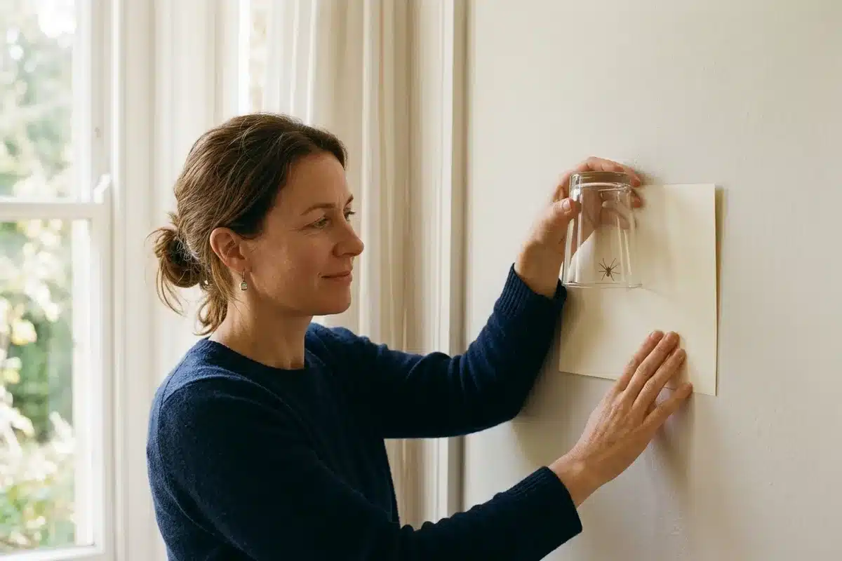 Faire face à une araignée avec calme Femme qui déplace calmement une petite araignée avec un verre et une feuille de papier contre un mur clair
