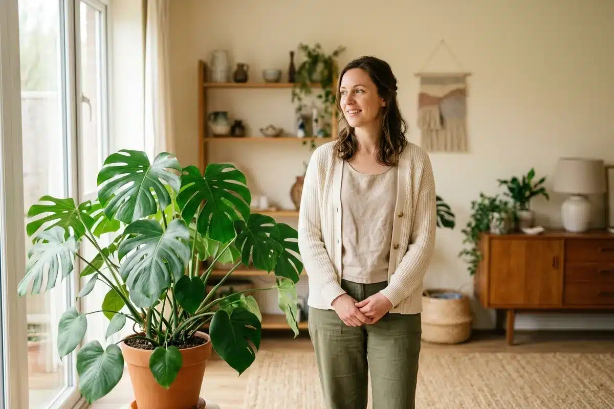 Retrouver un quotidien apaisé à la maison Femme détendue et souriante dans un salon lumineux, à côté d'une grande plante verte