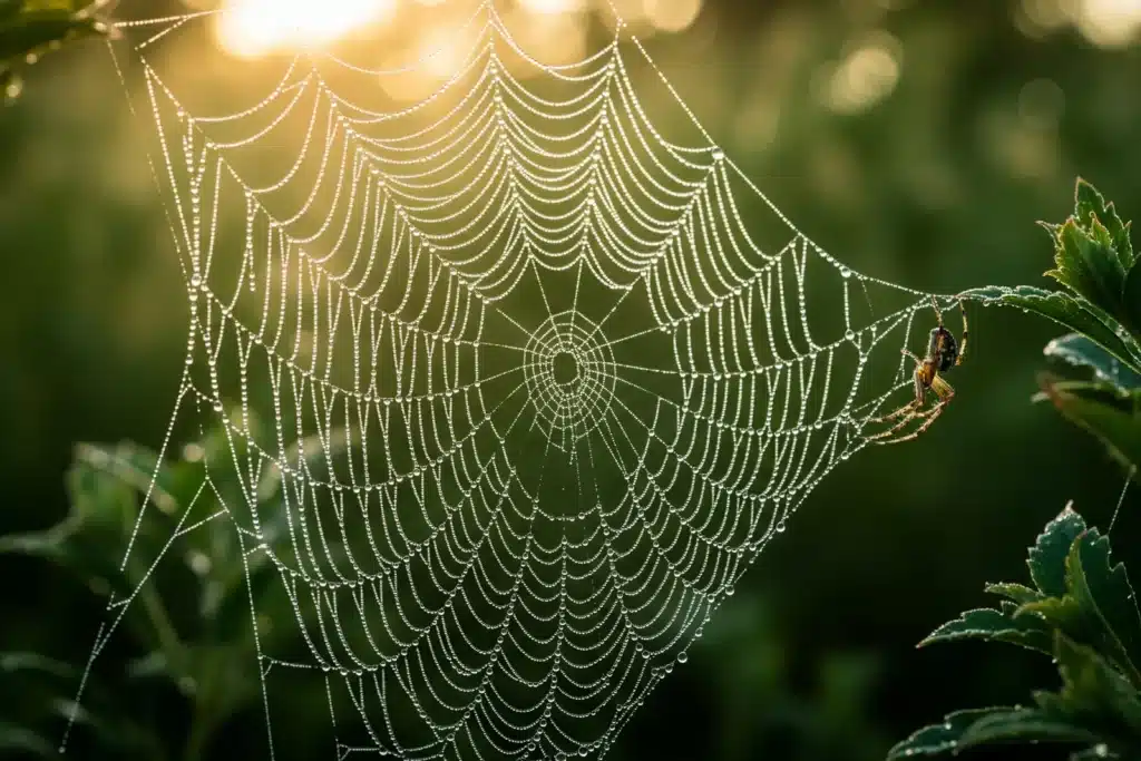 Hypnose arachnophobie : toile d'araignée perlée de rosée scintillant dans la lumière dorée du matin