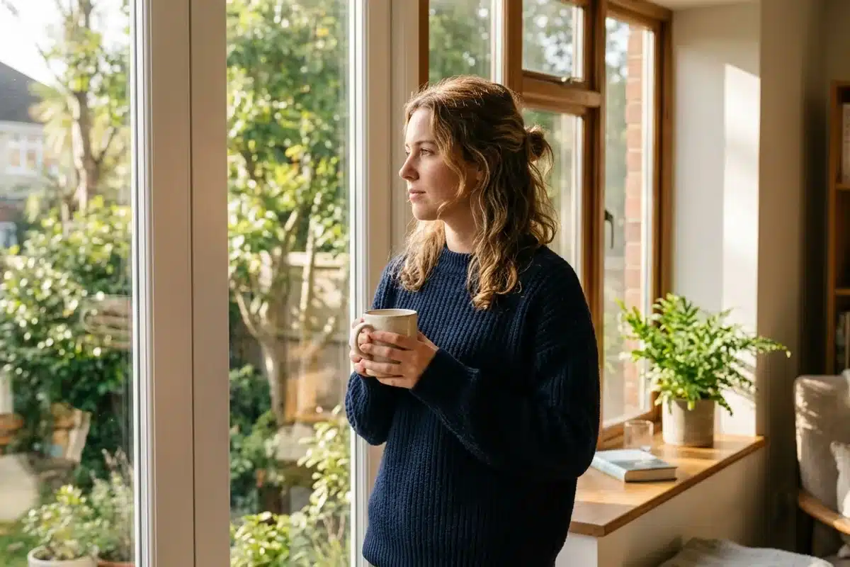 Pause consciente pour prévenir le stress et le burn-out Personne debout près d'une fenêtre le matin, tasse à la main, regard pensif vers l'extérieur