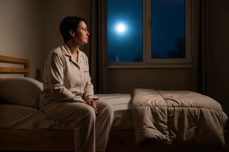 Personne pensive assise sur un lit la nuit, prête à pratiquer l'auto-hypnose pour s'endormir