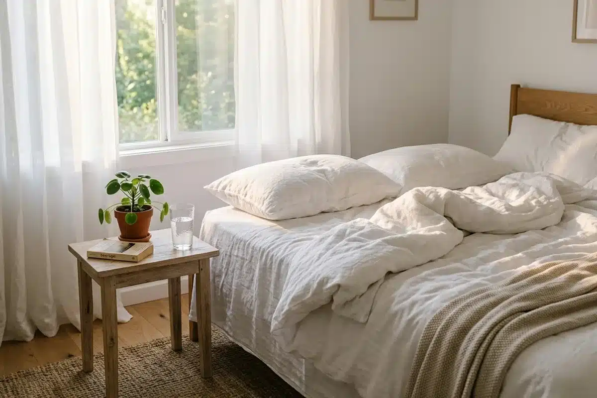Chambre lumineuse le matin, auto-hypnose sommeil réveils nocturnes Chambre calme le matin, draps blancs défaits, lumière naturelle filtrant par les rideaux, plante verte et verre d'eau sur la table de chevet