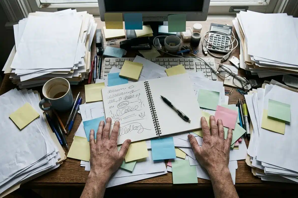 La surcharge de stimulations au quotidien Bureau saturé de papiers, notes et post-it vus de dessus, mains posées au milieu, illustrant la surcharge