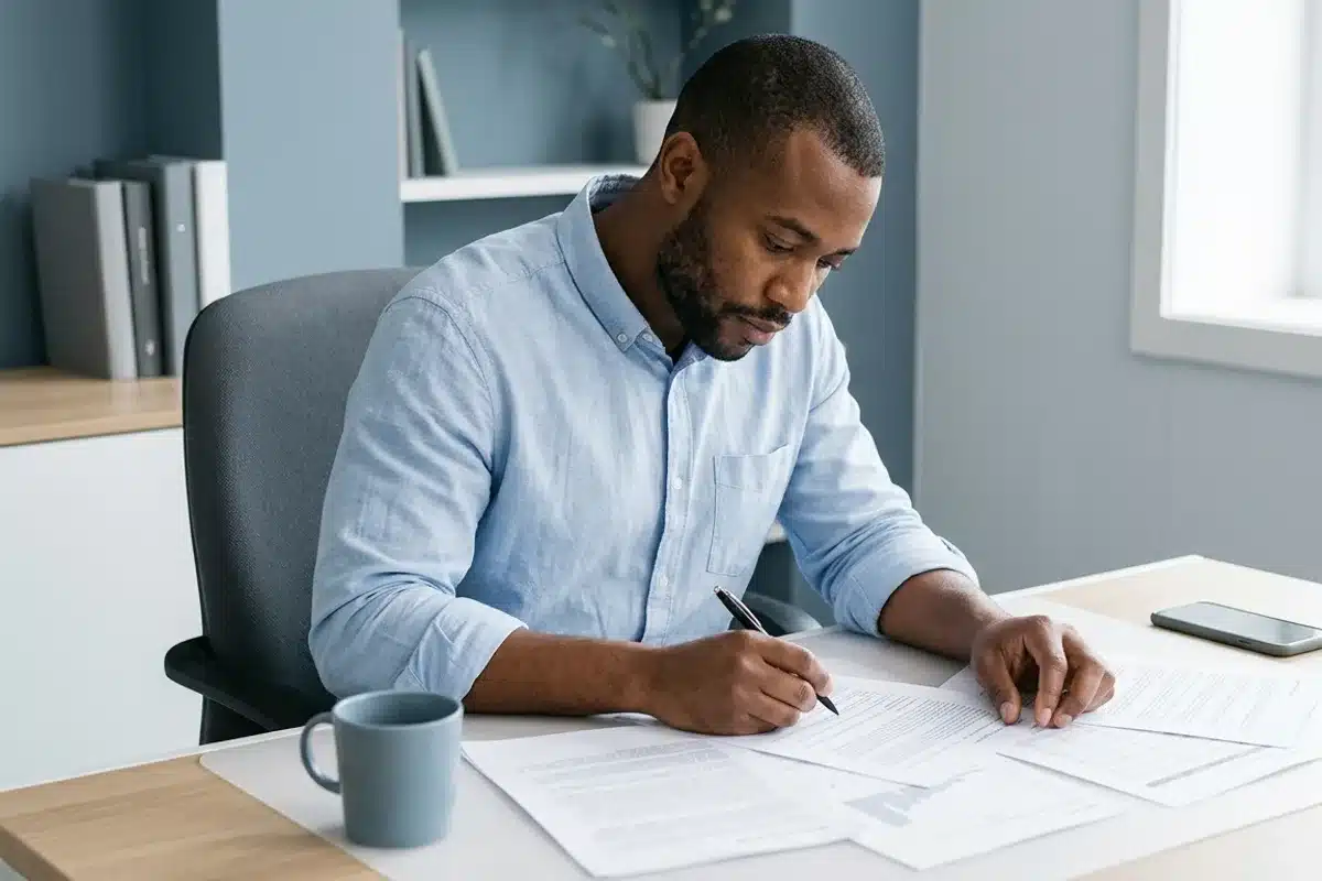 Comparaison de contrats de mutuelle complémentaire santé Homme examinant des documents de mutuelle complémentaire santé avec un stylo sur un bureau