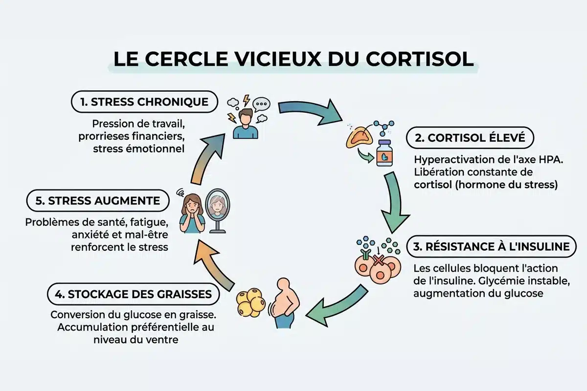 Cycle stress-cortisol-poids : schéma du cercle vicieux Schéma du cycle stress-cortisol-poids en 5 étapes : stress, cortisol élevé, résistance insuline, stockage des graisses