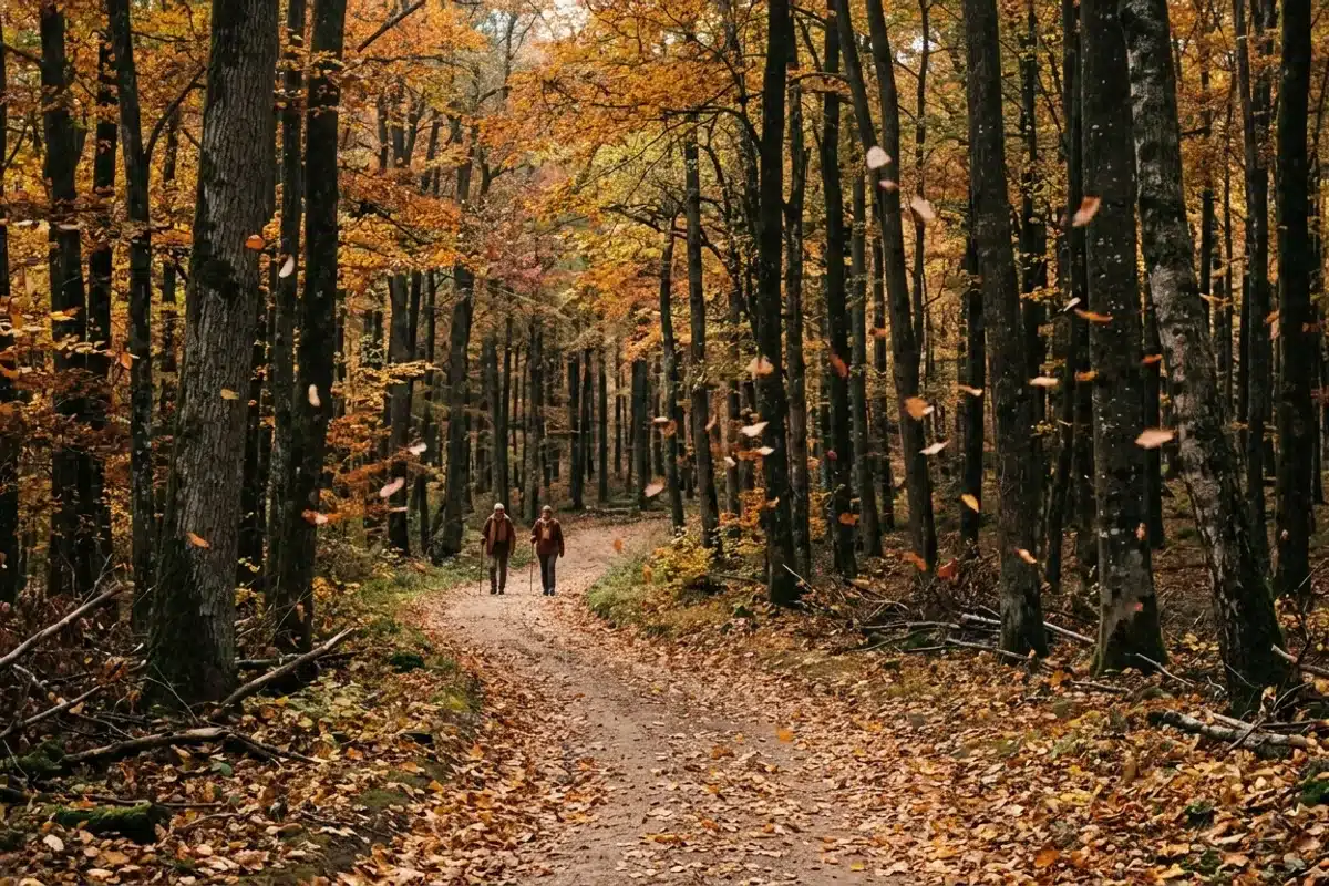 Sentier en forêt d'automne symbolisant le chemin du deuil Sentier sinueux dans une forêt d'automne aux feuilles dorées, symbolisant le cheminement intérieur du deuil
