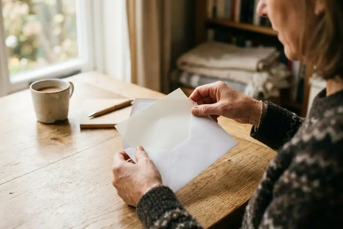 Envoyer son dossier de remboursement à la mutuelle Mains glissant un document dans une enveloppe sur une table en bois, envoi du dossier de remboursement à la mutuelle