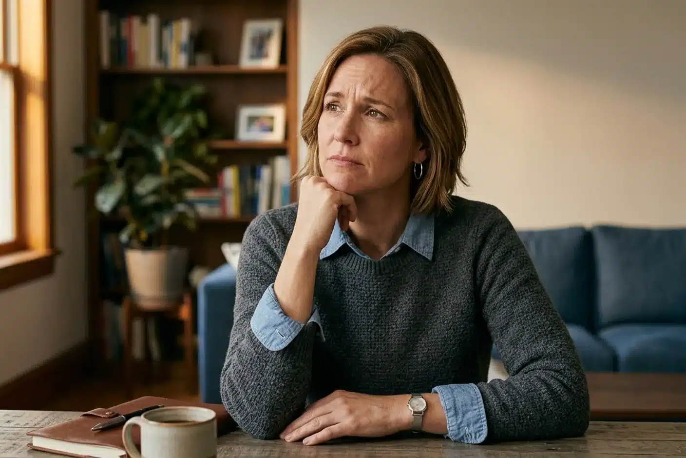 Femme assise à son bureau avec une expression pensive, illustrant les ruminations du trouble anxieux généralisé