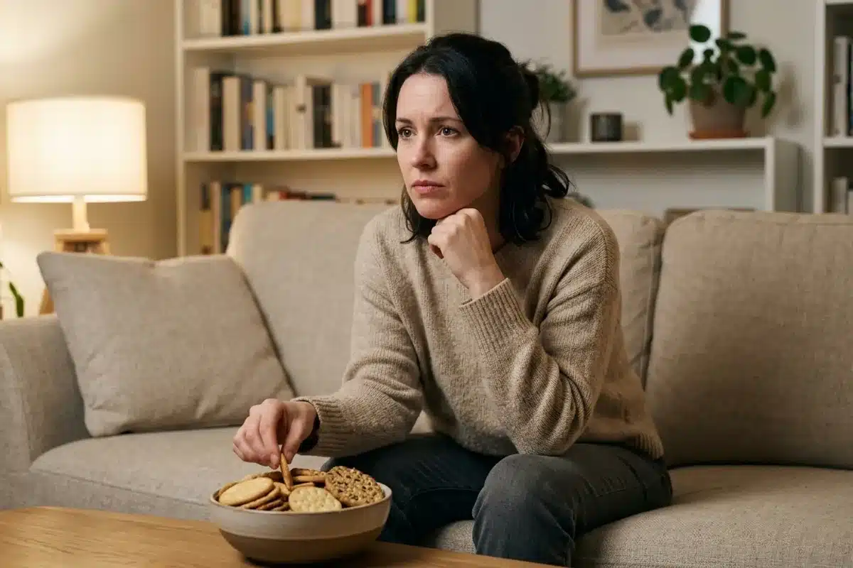 Lien entre émotions et compulsions alimentaires Femme confrontée au grignotage émotionnel, illustrant le lien entre stress et compulsions alimentaires