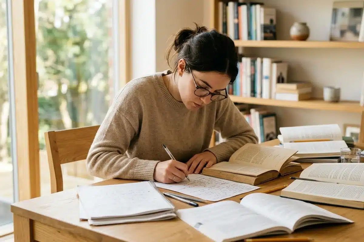 Haut potentiel intellectuel - fonctionnement cognitif intense Personne concentrée à un bureau entouré de livres, illustrant le fonctionnement cognitif intense du haut potentiel intellectuel