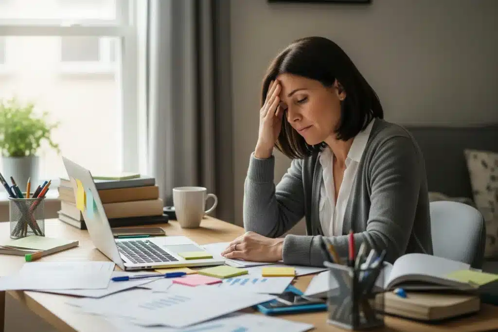 Femme en surcharge émotionnelle assise à un bureau encombré, main sur le front, regard fatigué, illustrant le trop-plein de la charge émotionnelle chez les hypersensibles