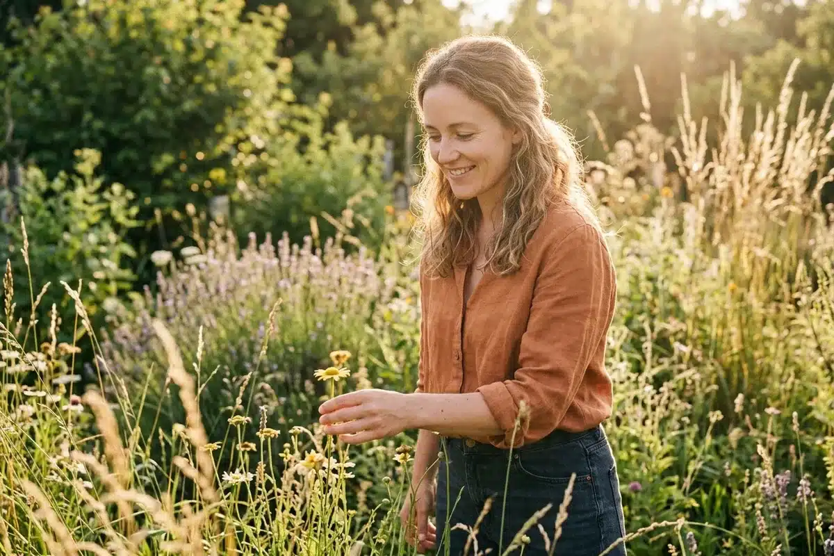 La sensibilité vécue comme une force Femme souriante qui effleure des fleurs dans un jardin ensoleillé, sensibilité vécue comme une richesse