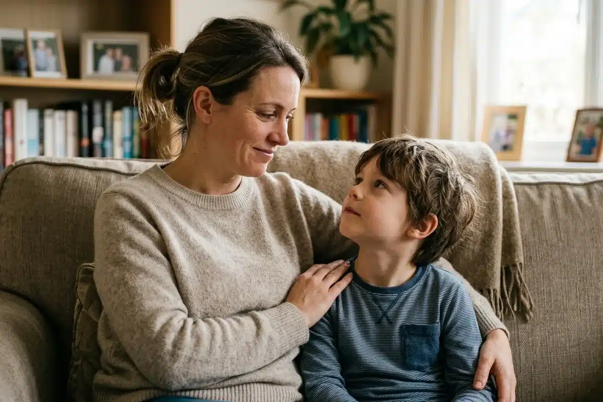 Hypersensible en couple et parent : absorber les émotions de son enfant Mère et jeune enfant assis sur un canapé se regardant avec tendresse et confiance, illustrant la profondeur de la connexion émotionnelle chez les parents hypersensibles