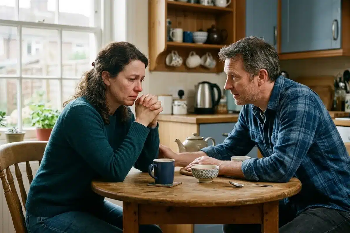 Hypersensible en couple : la communication dans les moments difficiles Femme les mains jointes dans un moment de tension émotionnelle à une table de cuisine, partenaire penché vers elle en écoute attentive, illustrant les défis de l'hypersensibilité en couple