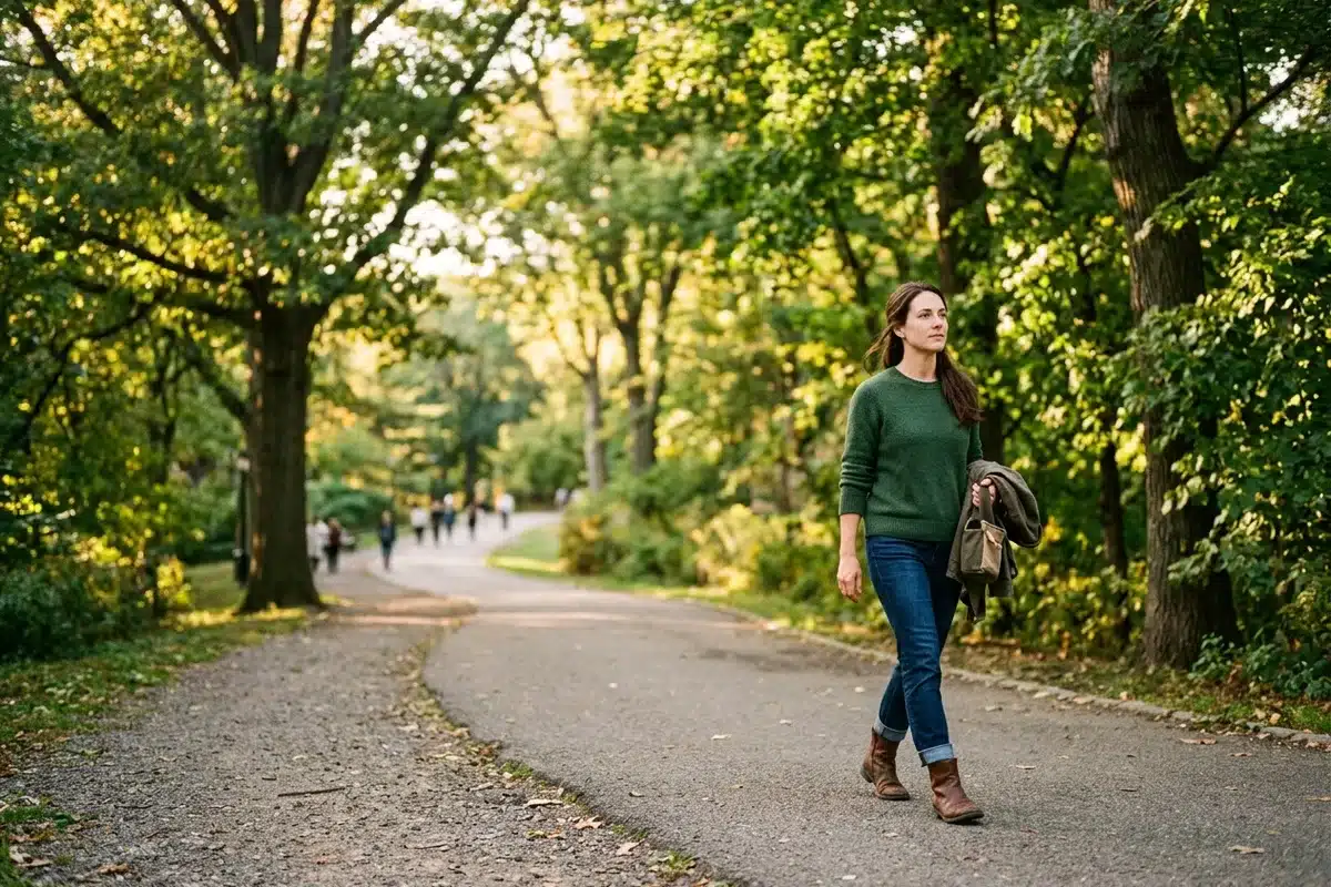 Un moment d'introspection au grand air Femme qui marche sereinement sur un chemin arboré d'un parc, dans une lumière douce