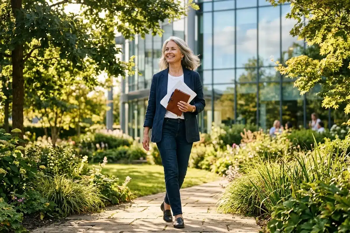 Epanouissement et confiance retrouves au travail pour une personne hypersensible Femme mure marchant librement dans un jardin verdoyant devant un immeuble de bureaux, souriante et detendue